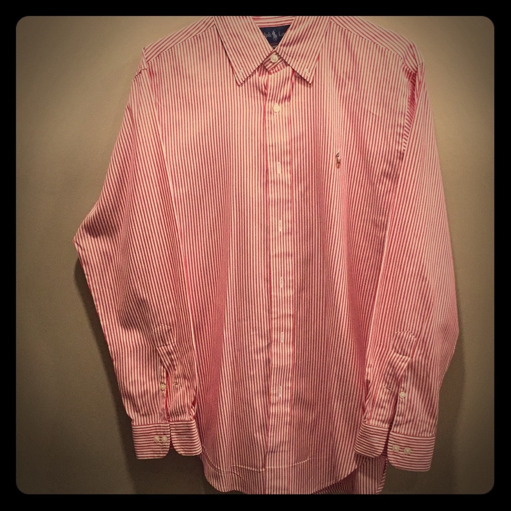 Men’s red and white stripe button up polo